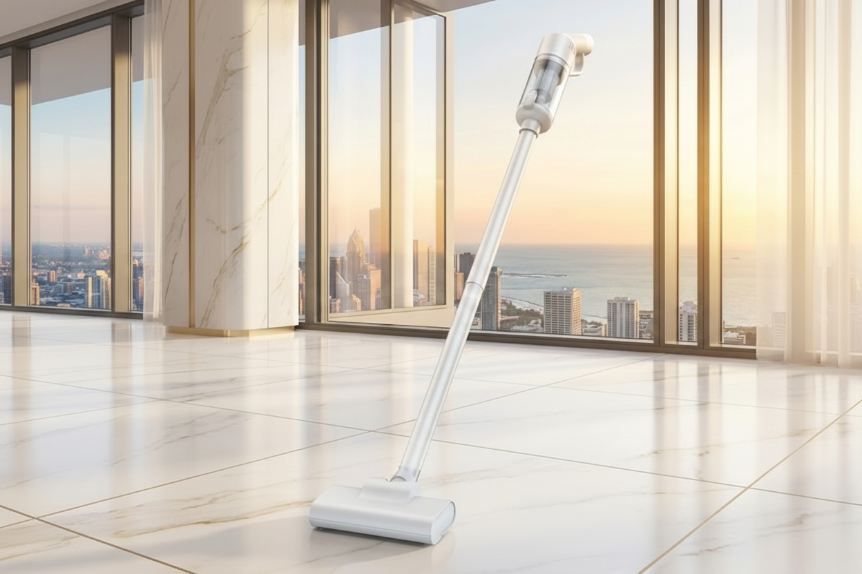 Aspiradora inalámbrica blanca de alta potencia sobre piso limpio (dato por confirmar)